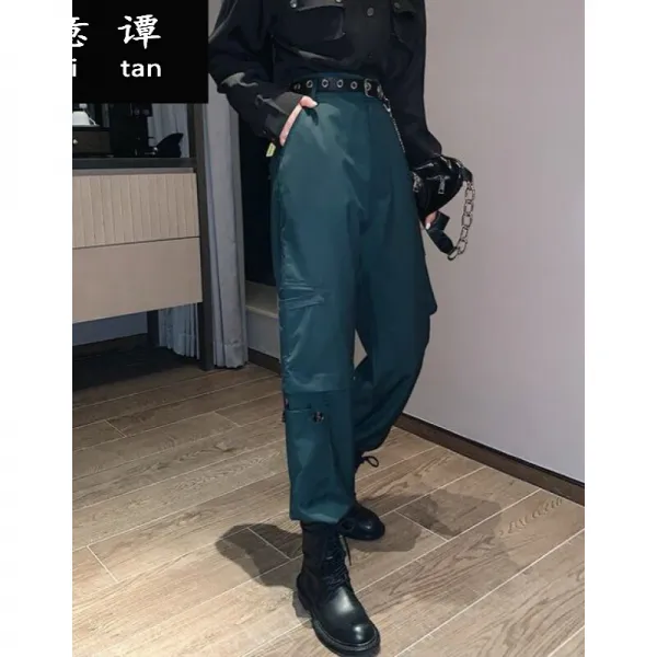 훤 칠 한 키 의 여성복 세트 2020 여름 셔츠 여 성 스 러 운 디자인 에 시 크 한 펑 크 풍 레 트 로 데 이 재 즈 퍼 레이 드 팬츠 패션 653 먹 녹색 바지 + 벨트 체인 사계절 얇 은 스타일 S