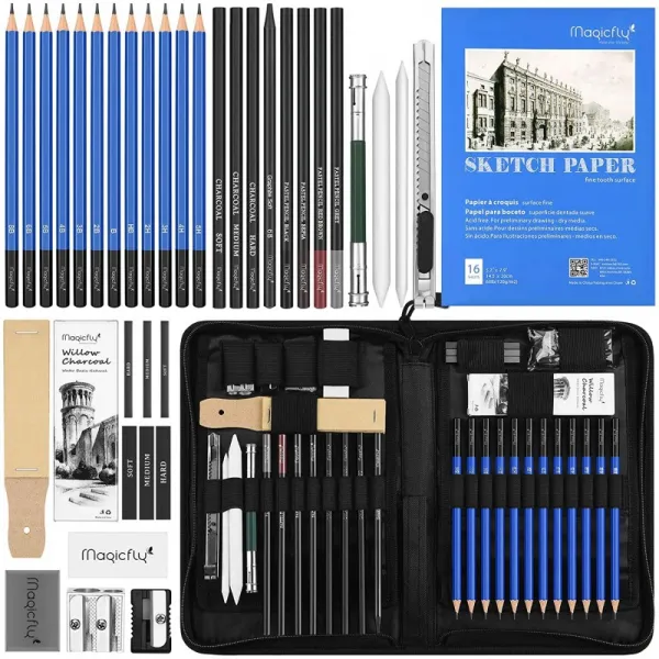 Magicfly스케치 연필 41점 데생 세트 스케치북&케이스자 초보자/미술계 학생 데생 연필 통판, 단일옵션