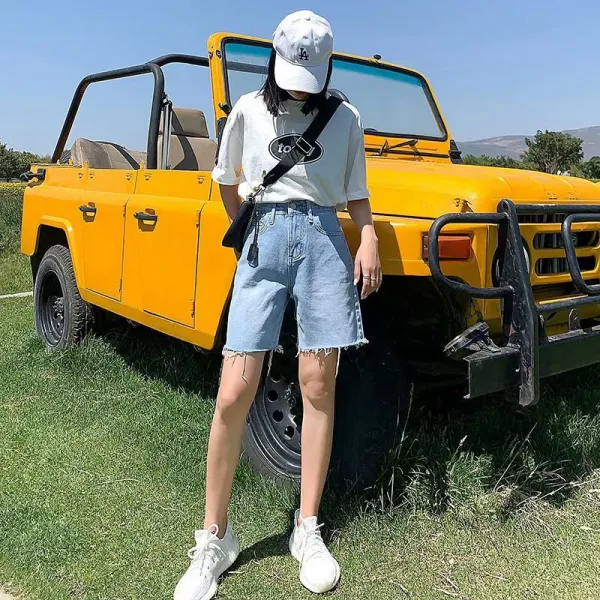 KORELAN 데님 반바지 여성 신작 여름 하이 웨이스트 루즈한 스트레이트 5점 팬츠가 가늘다 팬츠 트렌드