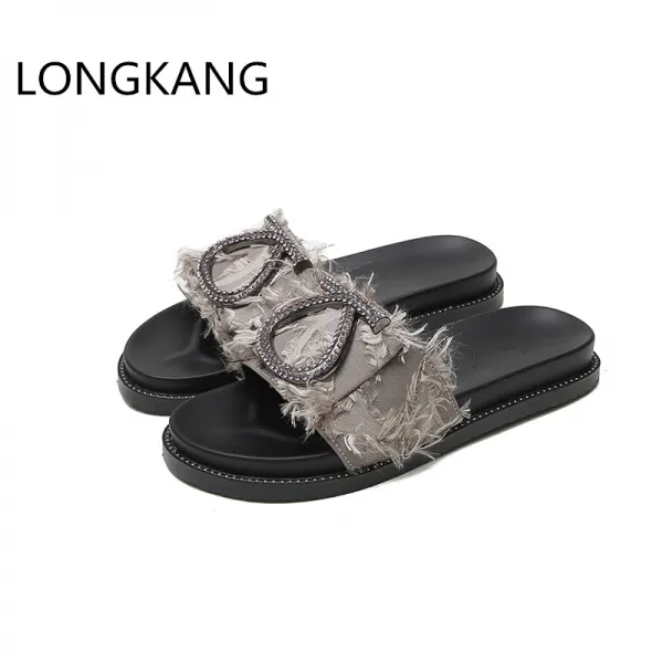 LONGKANG 여성 여름 발편한 구셔링 슬리퍼