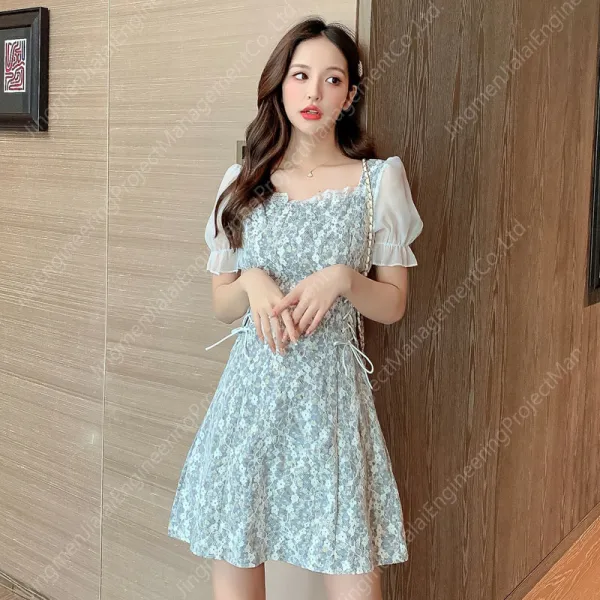 플로럴원피스 봄과 여름쉬폰원피스 스퀘어 칼라 허리띠잇다반팔 린원피스롱원피스 요정 드레스