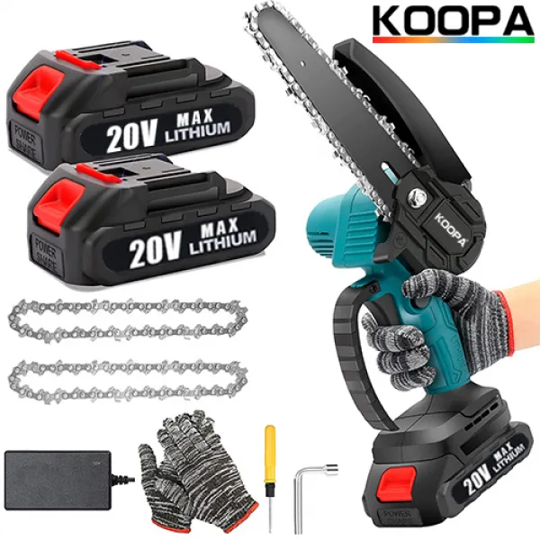 KOOPA TOOL 6인치 미니 전기톱 안전자물쇠 달린 끈 없는 전동체인 톱 목재 절단용 나무 손질용 핸디형 소형 전기톱, 판지 상자, 1x 배터리