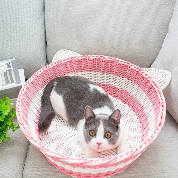 고양이집 강아지집 라탄집 고양이숨숨집 강아지용품할인점 길고양이집 개집만들기 강아지더위 고양이더위, 간단한 분홍색 흰 고양이 귀