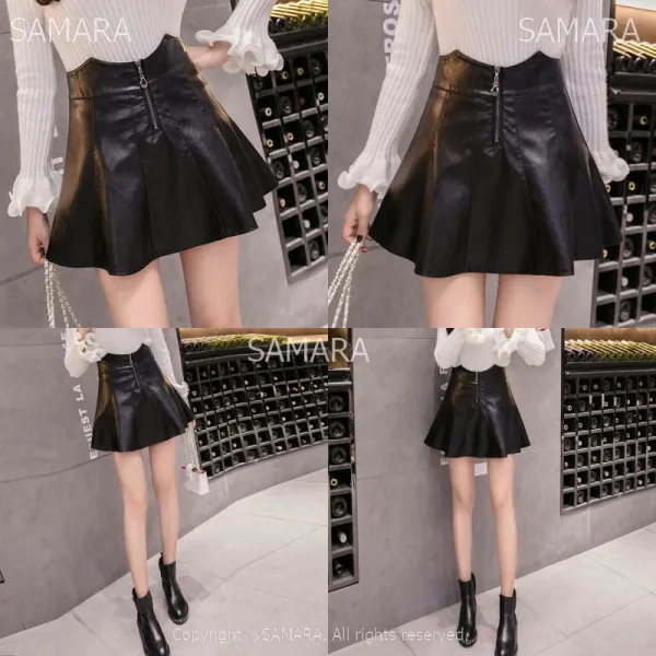 Qterra 특허브랜드 하이웨이스트 A라인 볼륨 레더 슬림 스커트 지퍼