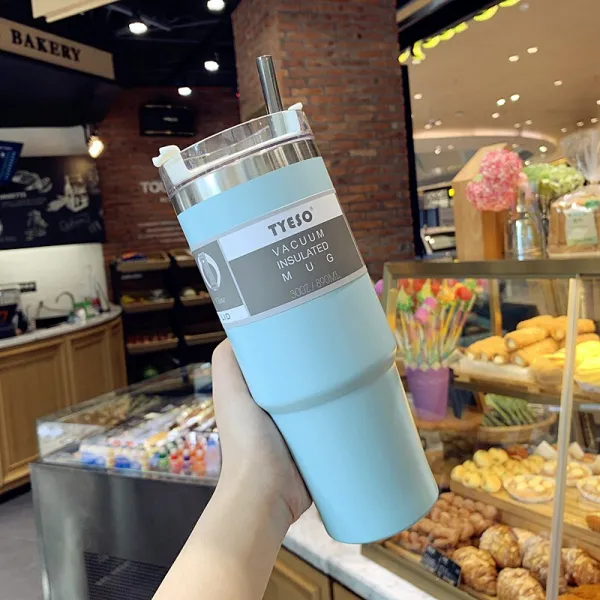 고 퀄 리 티 대 용량 스 테 인 리 스 스틸 텀 블 러 빨대 우유 커피 베 이 직 인 스 아이디어 남 여사 학생 물컵 개성 심 플 실 용 블 루 (라 지 890 ml) 컵 + 빨대