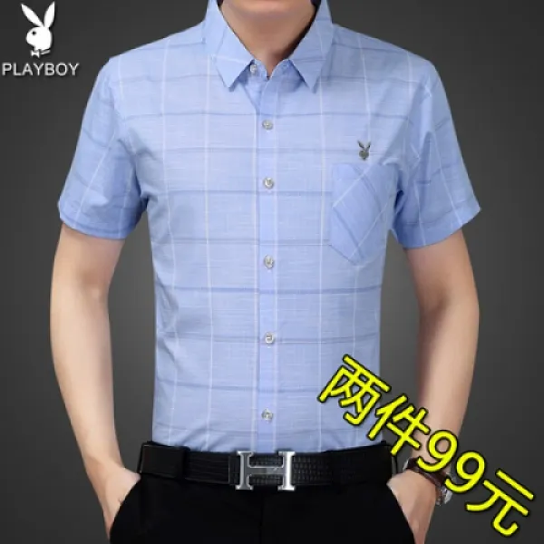 생활도움 플레이보이 여름 반팔 셔츠 남자 중년 비즈니스 체크 아빠 면셔츠 큰 사이즈 박토