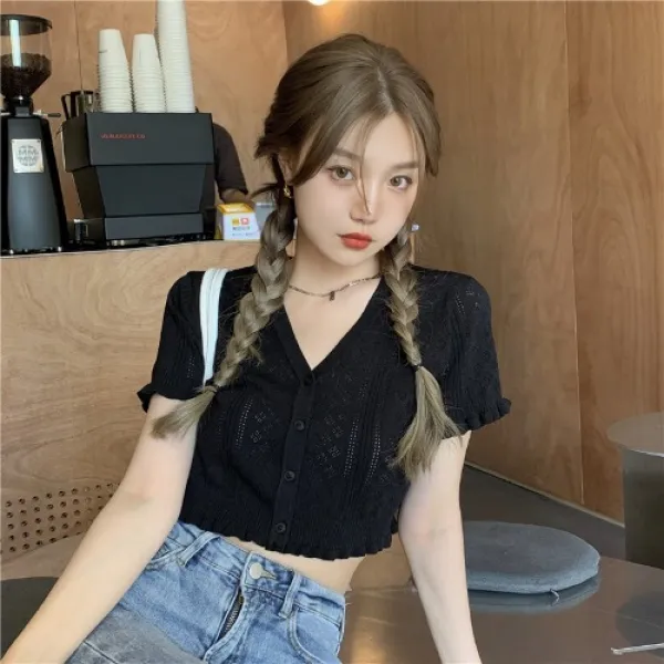 꾸안꾸 여름숏가디건 페블럼라인 반팔니트원 슬림핏 디자인 감각 보이핏 볼륨 펀칭 짧은가디건 x2개
