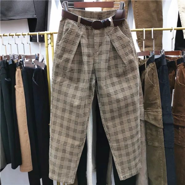 여성코듀로이 체크 코듀로이팬츠 9부바지 2019유럽스타일 가을겨울셋트 캐주얼바지 루즈핏 무 통바지 트렌디