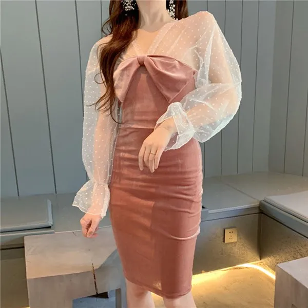 핸더 당일무료배송 여성 프린 리본 원피스 벨벳원피스 시스루원피스