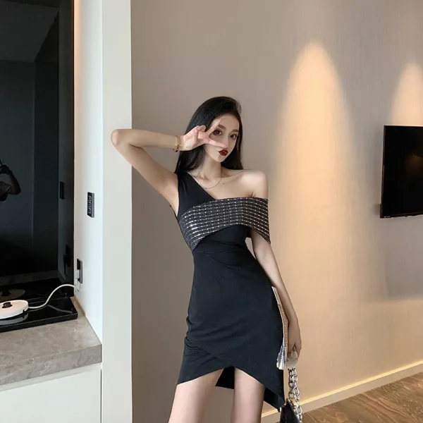 봄여름 망사 원피스 여 뉴 슬림핏 밤 샵 일자 어깨 스팽글 톤온톤 절개 가방 힙