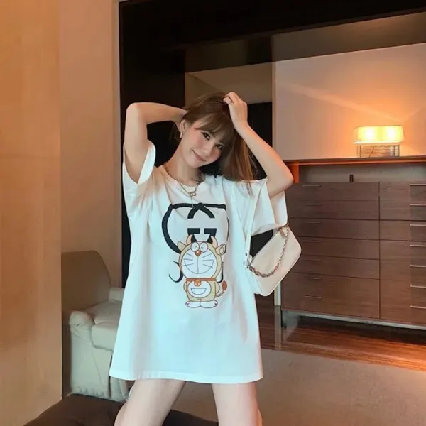 드랜드 Dora A꿈의 로봇 고양이 흰색티셔츠 여하 와이드 루즈핏 Bf 하프다 상의