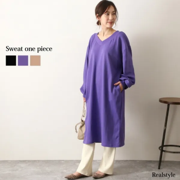 낙천 마라톤 주머니 달린 더블 V네크 와이드 스웨트 원피스 레이디스 스웨트 롱 긴 소매 돌먼 소매 볼륨