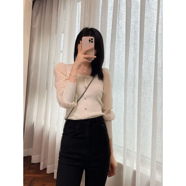 Z고상함 또신선 성욕 불러일으키다 인 하트 스퀘어넥 후크꽃 퀼팅 무늬 버블 소매 숏