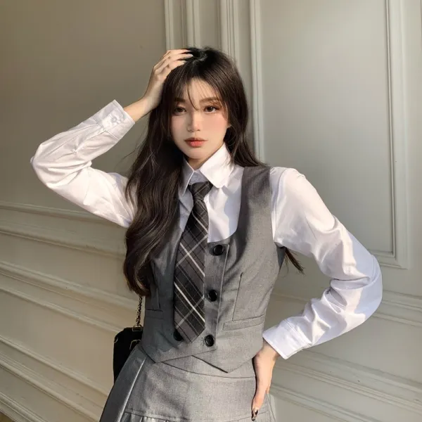 쮸니샵 셔츠치마바지 발호함 선배 학교 생 넥타이 영국식 버튼 베스트 조끼 플리츠 미니 스커트