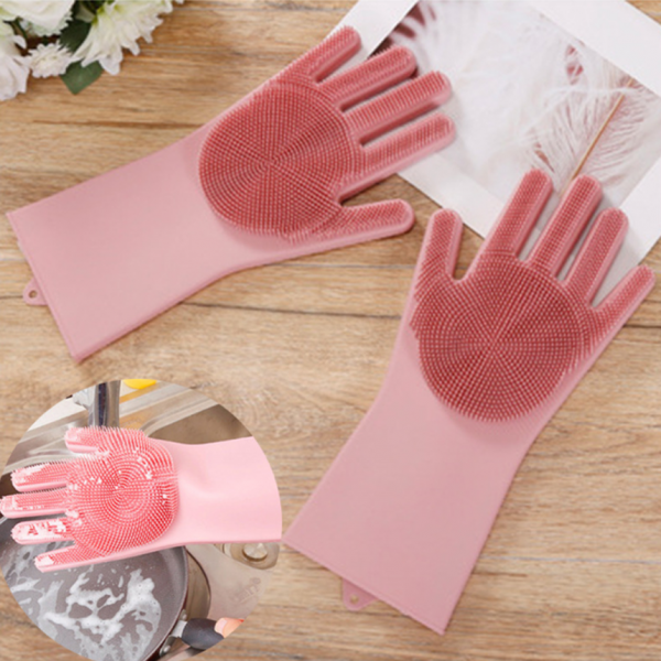 주방장갑 일석이조수세미장갑 설겆이 고무장갑 수세미장갑 솔장갑 1개 핑크
