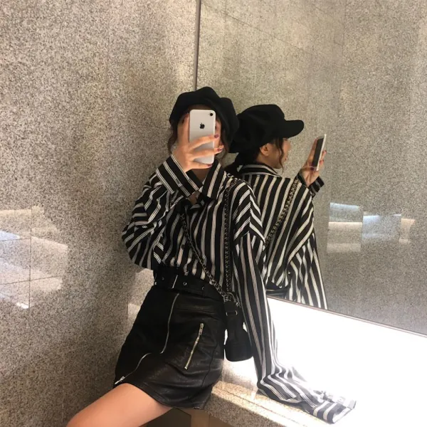 위파인더 시크 가을 상의 셔츠 여한범 긴팔 스트라이프 망사 블라우스 여사회항미