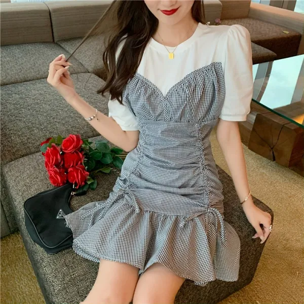 2020년 신격무늬 버블소매 원피스 여 하아 날씬해 보일 가린 배 스커트