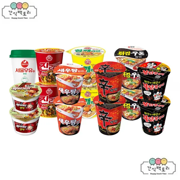 [간식팩토리] 신라면 소컵2개+짜파게티범벅2개+새우탕 소컵2개+튀김우동 소컵2개+참깨라면 소컵2개+진라면매운맛 소컵2개+불닭볶음면 소컵2개+서울우유원컵1개, 1세트
