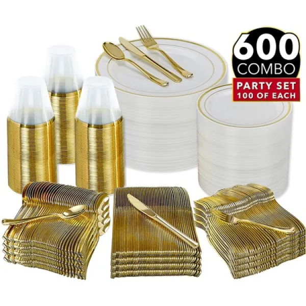 Prestee 600 Piece Gold 식탁 파티 세트-100 명 100 석식 플라스틱 접시-100 샐러드 금판-100 금 플라스, 상세 설명 참조0, 한 가지 색