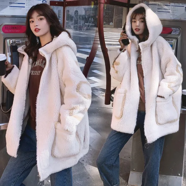 Okseller1 유니크 학생 데일리 레터링 루즈핏 양털후드코트