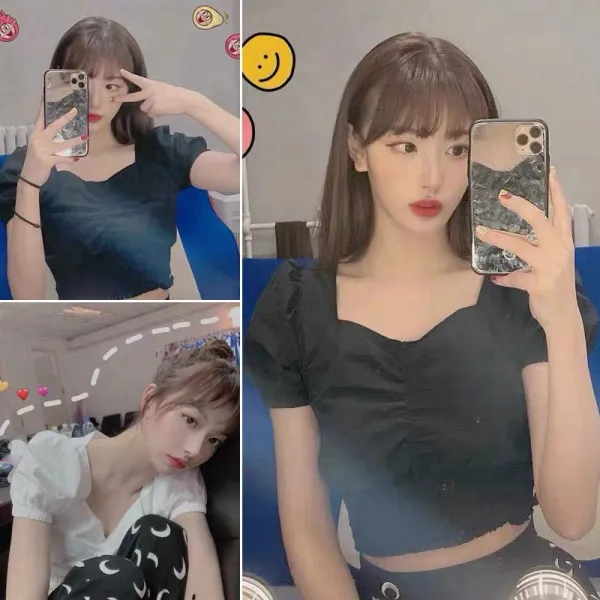 공설아 같은스타일 상의 여성 여름 벌룬소매 주름 솔리드 무지 브이넥 크롭 프렌치 볼륨 슬림 둥글고 부드러운 바람 반팔티셔츠