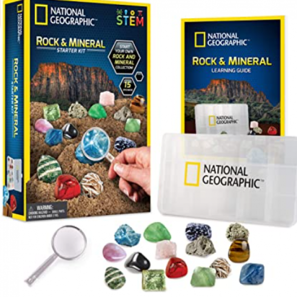 NATIONAL GEOGRAPHIC 과학상자 과학장난감 어린이장난감 과학도구 실험도구 내셔널 지오그래픽 암석 및 광물 교육 세트 타이거즈 아이 로즈 쿼츠 레드 재스퍼 기타 디스플레이 케이스 식별 가이드 포함 15피스 록 컬렉션 시작 키트, 1개