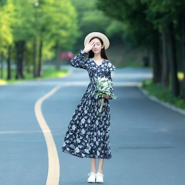 단아한 클래식 잔꽃장 쉬폰 하프기장 넥 밴딩웨스트 이너 플리츠 롱 봄가을