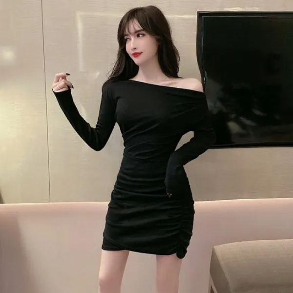 오프숄더 섹시 원피스 미니 셔링 스커트 클럽 여성