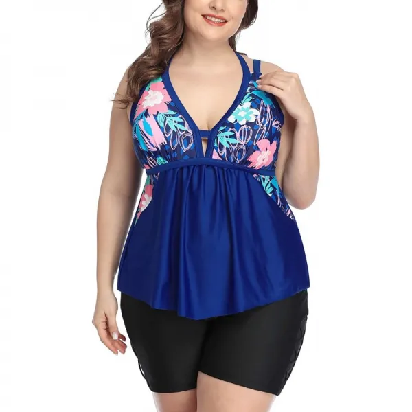ALove 여자 Tankini 꽃 인쇄 수영복 급락 V 넥 수영복 배 블루