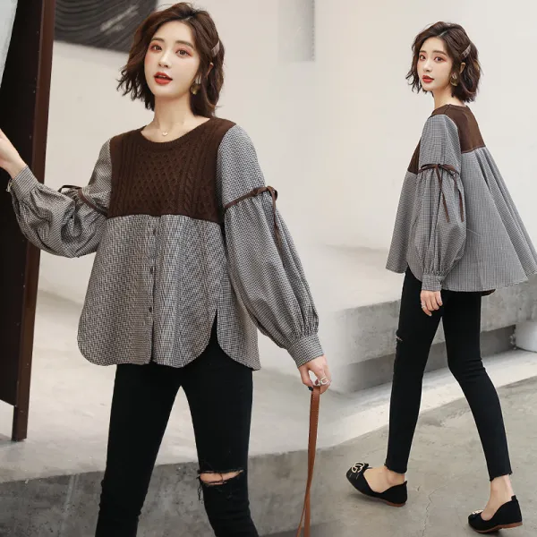 데일리룩 패션 귀여운 페미닌 체크 니트 리본장식 셔츠