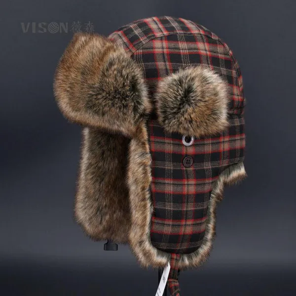 VISON 귀달이모자 방한모 격자무늬 북동겨울 스키 털 모자