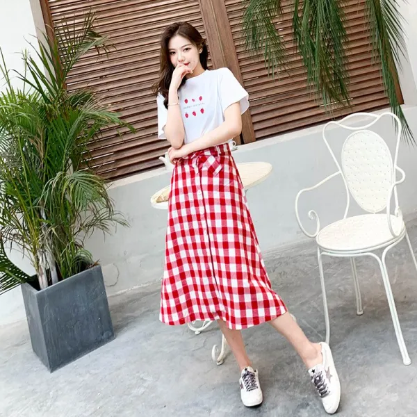 Eastgen 여성 하이웨스트 롱 스커트 체크 깅엄 패턴 무늬 면 린넨 단추 포인트 590738131098_zszj