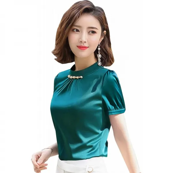 레데이스 반소매 셔츠 새틴 직물 캐주얼 셔츠 출근 면접 구직자 입학 졸업식 결혼식 어머니의 선물 (흰색