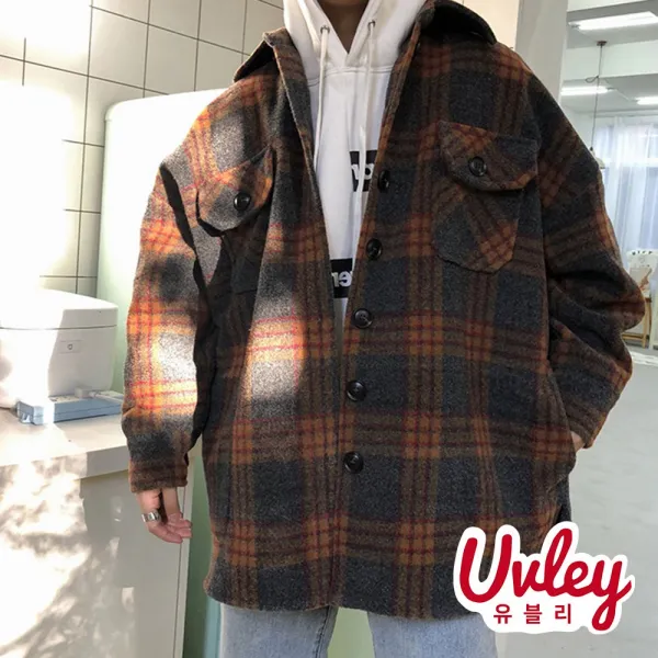 유블리 남성 두꺼운 체크 모직 남방 환절기에 입기 좋아요 셔츠 코트 활용도가 캠퍼스룩 데일리룩(UV216213WD)