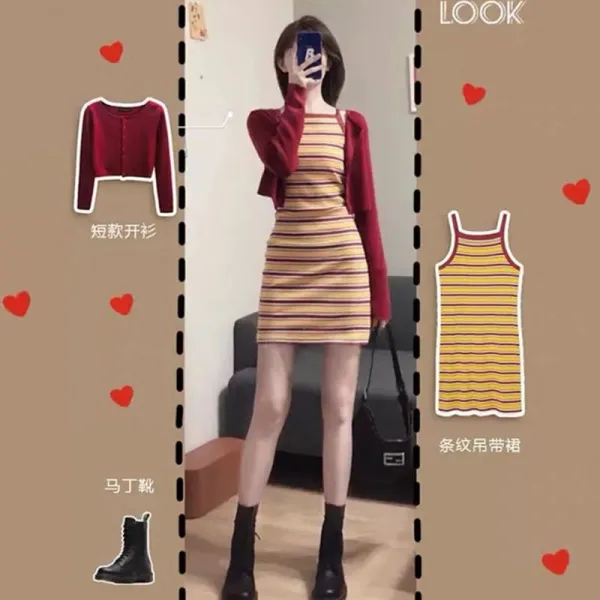 가을투피스 레드가디건 줄무늬 끈나시원피스 달콤하고 맵다 무드 인싸템 눈길을 끄는 작은 키 걸스 니트 3518764950