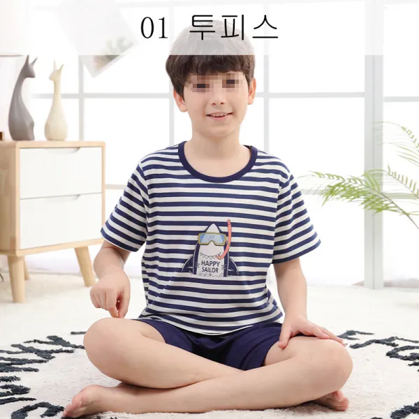 뉴타임즈10 어린이 여름 잠옷 사내아이는 얇은면 비단 남아 홈 웨어에서 아동 에어컨 복 순면 반팔 세트 XZ37 A10