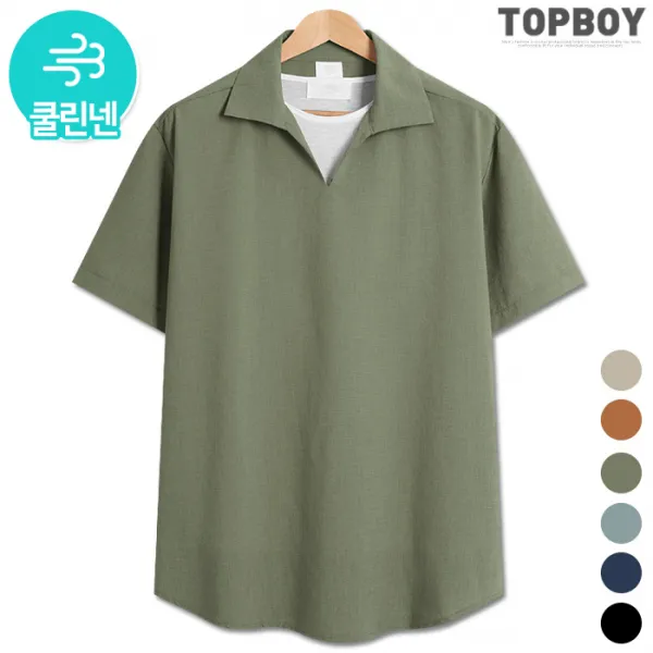 탑보이 쿨린넨 오버핏 오픈카라 반팔셔츠 (RW347)