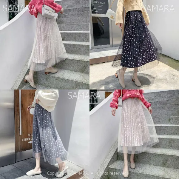 Qterra 특허브랜드 A라인 망사 하이웨이스트 플리츠 스커트 스커트 추동