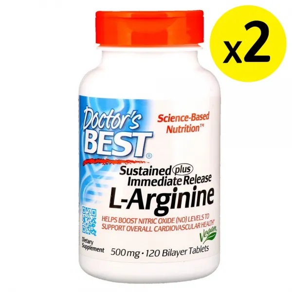 [미국직구]Doctor's Best 지효성 즉효성 L아르기닌 500mg 이중층정제 120정 2개, 선택, 상세설명참조