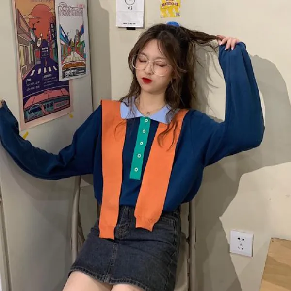 여성 가을 겨울 데일리룩 스웨터 니트느슨한 히트 컬러 폴로 칼라 긴 소매 스웨터 복고풍 스타일 풀오버의 실제 샷 가격 한국어 버전