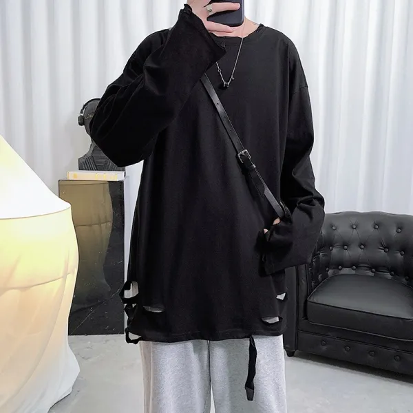 정 길 하절기 커플룩 학생당 봄 신어 밑자락 칼 베기 거지 바탕에 색칠하기 티셔츠, 블랙