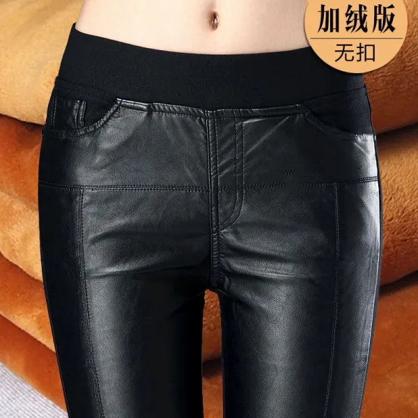 수색인 겨울 가을 기모 융 여성 핏아우터 빅사이즈여자바지 PU 패치워크 긴바지 슬림핏