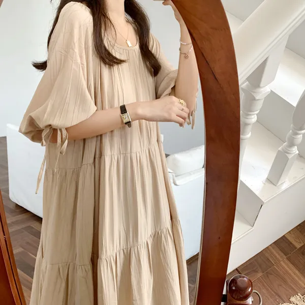 드레스날다 여리커버 퍼프 셔링 롱 원피스 반팔 긴팔 2종택1 Mops1542 