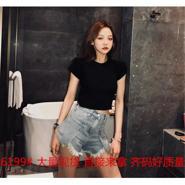 남 섣달 그믐날 언니 하이 웨이트 연청 반바지 여 슬랙스 봄 날씬해 보이는 핫팬츠