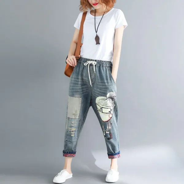 플랜글로벌 여성 케릭터 밴딩 데님cth