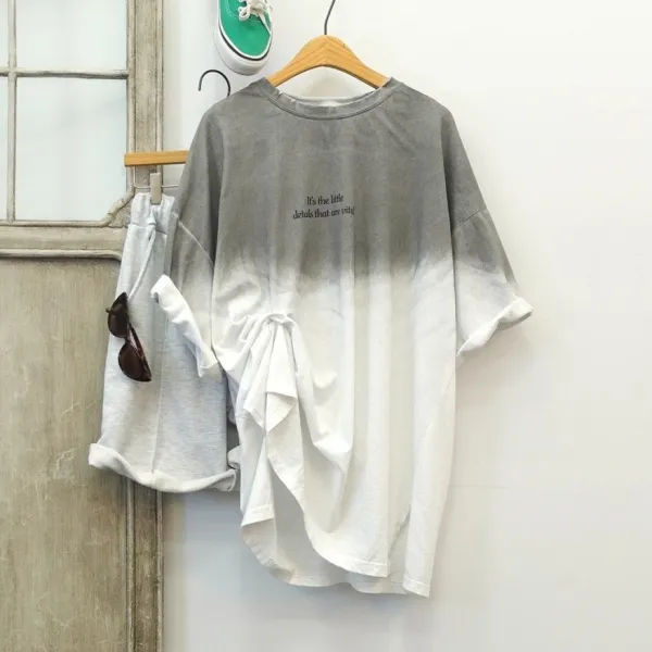 하프 그라데이션 나염 루즈핏 반팔 롱 티셔츠