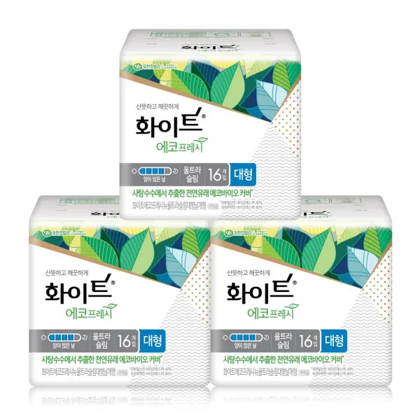 화이트 에코프레시 울트라슬림 날개 대형 생리대 16매 3팩