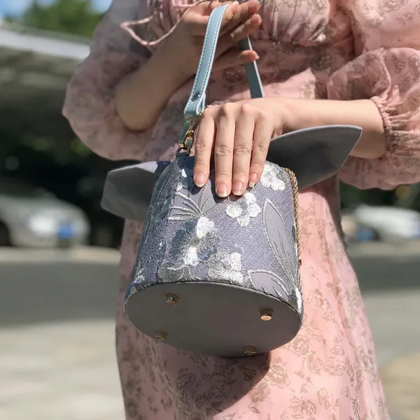 자수완제품 토끼귀 자수 레이스 물통가방 복고 손으로드는 크로스 원뿔 복조리백 수공예천 예술 DIY재료가방, T22-토끼귀 연노랑 재료가방 미포함 손잡이