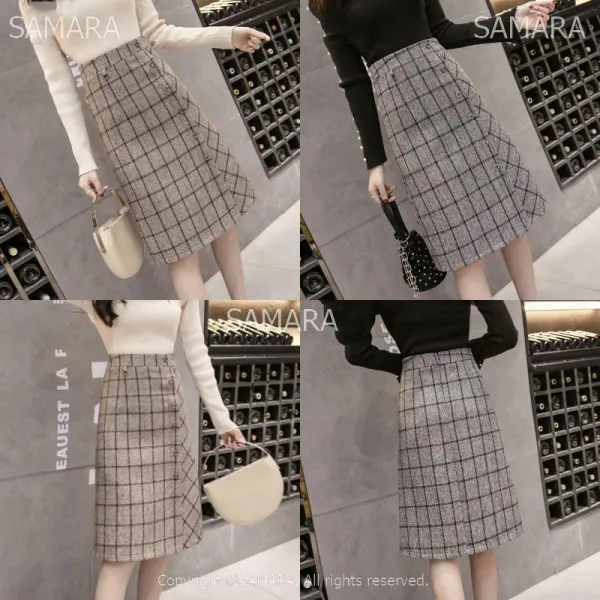 Qterra 특허브랜드 스커트 A 하이웨이스트 체크 모직 스커트 미디 스커트