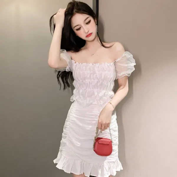 일자 어깨 망사 패치 백 힙 피쉬 스커트 패션 자하 섹시 나이트 숍 여성 원피스